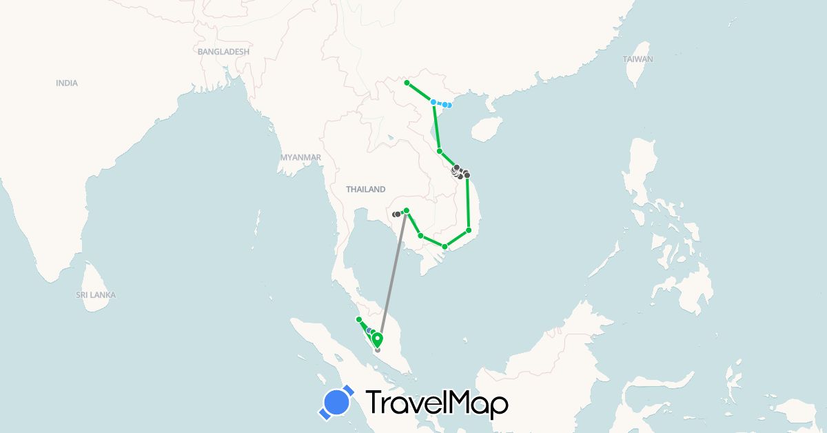 TravelMap itinerary: driving, bus, plane, cycling, hiking, boat, motorbike in Cambodia, Malaysia, Vietnam (Asia)